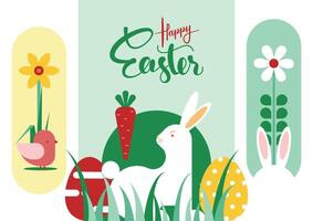 happy easter modern geometric shapes abstract background with typography, easter bunny, easter eggs, flowers and more vector