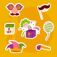A sticker set with humorous April Fools' Day elements on a bright yellow background. Includes funny glasses, mustaches, surprise boxes, and playful accessories vector