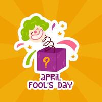 Funny illustration of a surprise prank box with a jumping clown and the text April Fools Day on a bright green background. Perfect for joke-themed designs and greeting cards vector