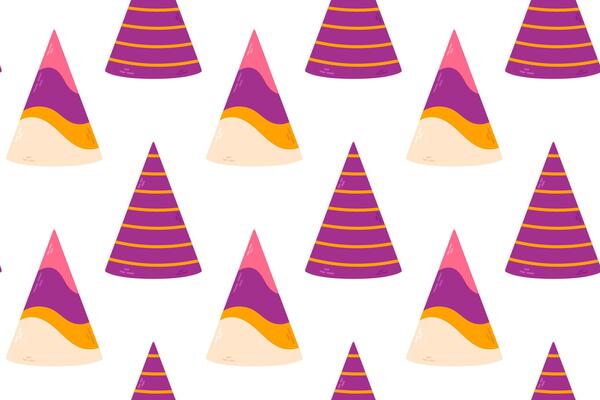 Seamless pattern with striped purple and yellow party hats on a white background. Great for party decorations and wrapping paper.