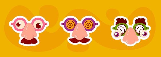 A set of three funny disguise glasses with exaggerated noses and hypnotic spirals, perfect for pranks and parties. vector