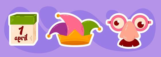 set of April Fools Day stickers with prank accessories. Cartoon collection of joke elements, including glasses, mustache, hat, and clown nose. vector