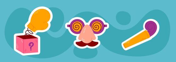 set of April Fools Day stickers with prank accessories. Collection of joke elements, including glasses, mustache, and clown nose. vector