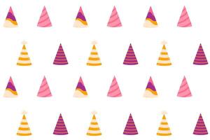 Seamless pattern with assorted party hats in pink, purple, yellow, and orange tones. Perfect for birthday decorations and wrapping. vector
