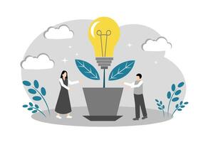 The concept of a new idea. A light bulb in a flowerpot, teamwork. Personal growth vector