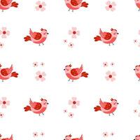 Seamless pattern with red birds and flowers on a white background vector