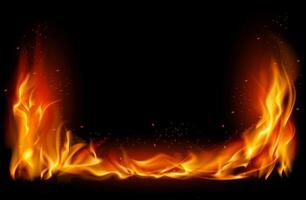 high resolution depiction of horizontal fire flames with glowing sparks set against a dark background vector