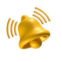 3D yellow ringing bell icon with sound waves, isolated on a white background. Shiny metallic notification bell symbolizing alerts, reminders, and sound effects in digital communication and mobile vector