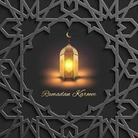 Elegant Ramadan Kareem greeting card featuring a glowing Arabic lantern, intricate geometric Islamic patterns, and golden calligraphy on black islamic pattern background, symbolizing spirituality vector