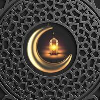 Elegant Ramadan Kareem greeting card with a golden crescent moon, glowing Arabic lantern, and intricate geometric Islamic patterns on black islamic pattern background, symbolizing spirituality, faith vector