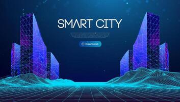 Wireframe landscape with Smart city. Technology background blue in low poly style. Data security 3d background. Global social network connection. vector