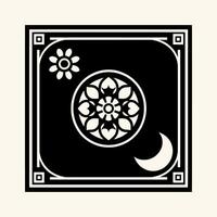 A black and white logo with a flower and moon vector
