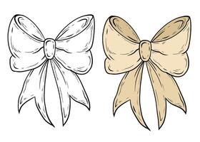 set of bows in lines and colors. Beige fabric bow illustration, hand drawn graphics. Dziayin and design. Festive elegant bow of beige color vector