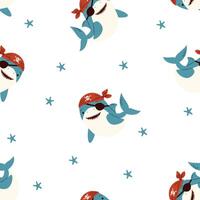 Seamless pattern in a simple childish style. Cute shark in pirate bandana, starfish, white background vector