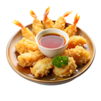 Delicious Crispy Tempura Prawns with a Tempting Soy Sauce Dip for a Feast png
