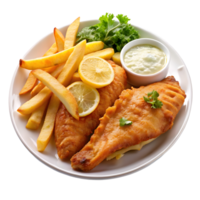 Delicious Fish and Chips Served on White Plate with Lemon Slices png