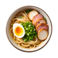 Delicious ramen bowl with egg, sliced meat and fresh green garnish overhead png