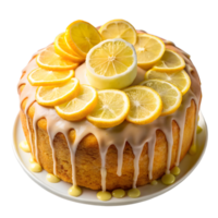 Invigorating lemon cake with dripping glaze and vibrant lemon segments png