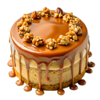 Delicious Homemade Cheesecake Topped with Caramel Sauce and Toasted Walnuts png