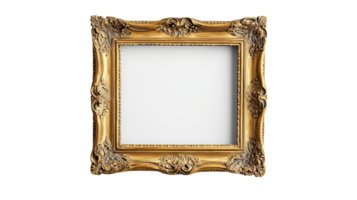 A decorative golden frame showcasing an empty canvas for artwork or photography display, ideal for gallery settings. png
