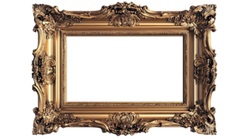 Ornate golden picture frame, ideal for displaying art or photos, adding a touch of elegance to your decor. png