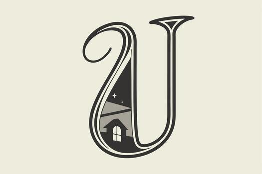 A unique artistic rendering of the letter U featuring a house within, symbolizing comfort, home, and security vector