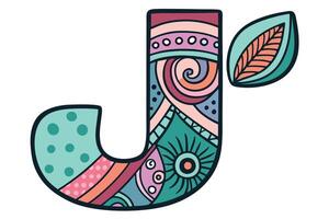 Artistic illustration of the letter J with playful patterns, including circles, stars, and a fun leaf element, perfect for creative visuals vector