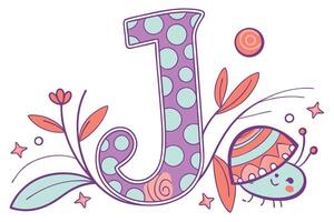 Playful letter J adorned with colorful dots, plants, and a cute insect design, bringing a whimsical touch to your creative projects vector