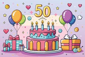 Festive birthday party setup with a colorful two tier cake, glowing candles, 50 in big bold numbers, surrounded by balloons, gifts, and decorations vector