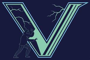 Abstract neon letter V in angular lines illuminated with sharp, futuristic glowing accents vector