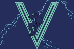 Dynamic glowing V letter made from angular neon lines with a futuristic design and sharp edges vector