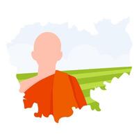 A monk in an orange robe against the background of a silhouette map of Cambodia and a landscape of fields and sky vector