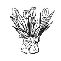 Beautiful flower arrangement with tulips in a simple vase showcasing natural elegance and charm. Sketch hand drawn illustration. Engraving, outline, ink drawing vector