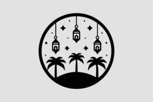 A peaceful Eid evening with hanging lanterns and stars under the crescent moon, with palm trees silhouetted against the desert hills vector