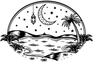A golden crescent moon rising above a calm desert with a starry sky, creating a tranquil and serene atmosphere by the water vector