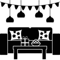 Cozy living room setting decorated for Eid, featuring plush pillows, gifts, and festive lighting, creating a warm and inviting atmosphere for the holiday season vector