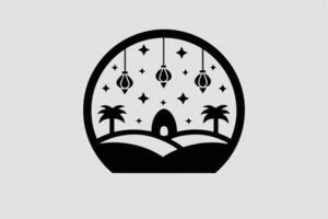 Eid lights shine brightly in a tranquil desert with palm trees, hanging lanterns, and a crescent moon in the serene night sky vector