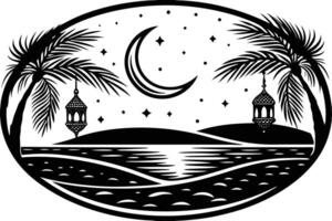 A stunning night view of crescent moon over a peaceful desert landscape, reflecting in the tranquil waters under a starry sky vector