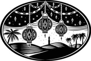 A peaceful illustration of Eid with lanterns hanging in the night sky over the desert and mountains, illuminated by the crescent moon vector