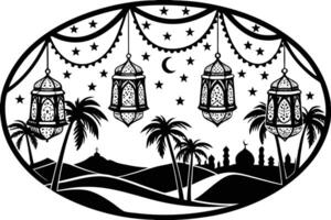 Traditional Eid celebration illustration featuring glowing lanterns, a crescent moon, and a calm desert view under the starry night sky vector