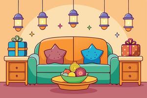 A festive living room with colorful gifts, pillows, and lights, perfect for celebrating Eid in a cozy and welcoming home environment vector