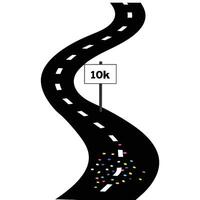 Creative journey representation with a winding road, 10k milestone sign, and colorful confetti celebrating progress views followers subscribers vector