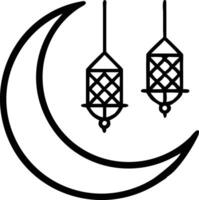 Elegant crescent moon with Islamic elements background, intricate geometric design, and hanging lanterns for Ramadan and Eid celebrations vector