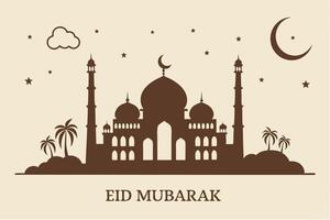 A calm Eid Mubarak image with Islamic elements, mosque silhouettes, crescent moon, and stars in a serene atmosphere vector