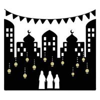 Silhouette of a festive city skyline with mosques, hanging lanterns, and women in traditional dress, creating a beautiful scene for Eid celebrations vector