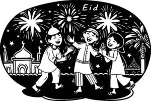Eid celebrations with children playing under the stars and colorful fireworks lighting up the sky, creating a lively and happy atmosphere vector