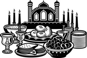 Grand and ornate Eid dining spread in a palace setting, featuring a selection of traditional dishes and festive decorations vector
