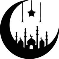 Simple mosque illustration with moon and stars in black, showcasing Islamic elements Background in a minimalist design vector