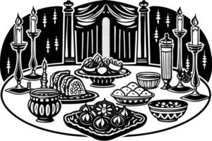 Eid feast set in a palace, showcasing a variety of Middle Eastern dishes with festive decorations for a grand celebration vector