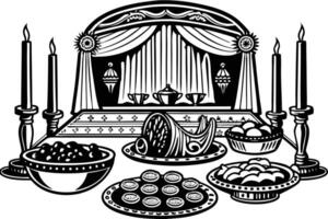Festive Eid feast featuring Middle Eastern delicacies, served in an elegant and luxurious palace for a joyous celebration vector